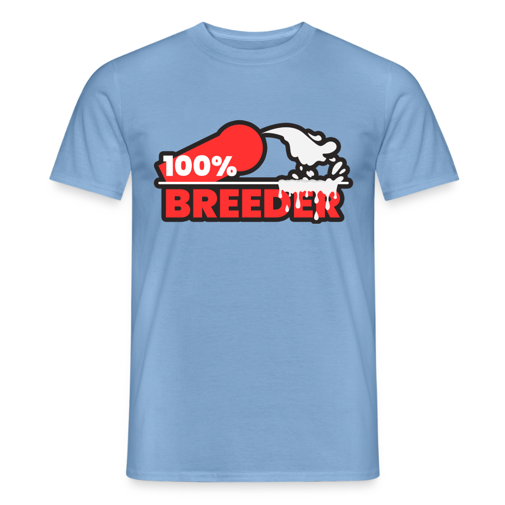 Carolina Blue T-Shirt mit dem explosiven "100% Breeder" Kink Design – für aktive Tops, die ihre dominante Rolle stolz zeigen