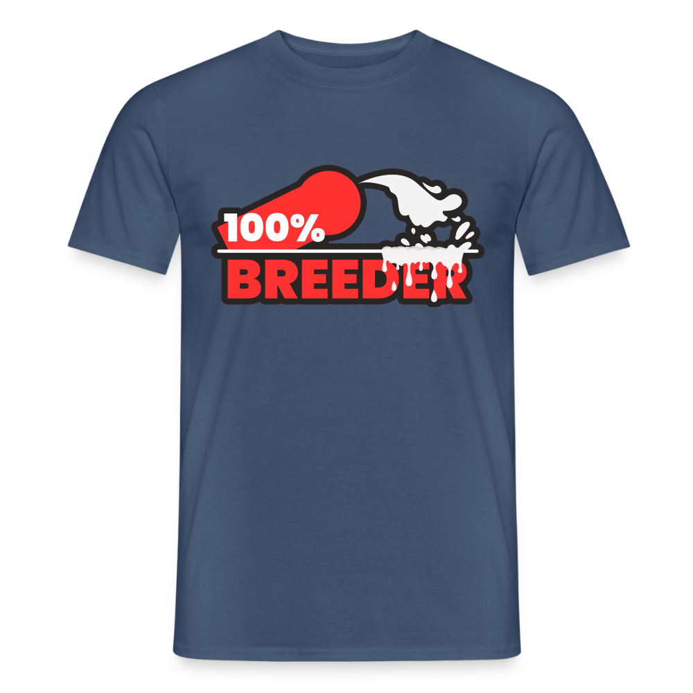 Dunkles Denimblau T-Shirt mit dem direkten 100% Breeder Kink Pride Design