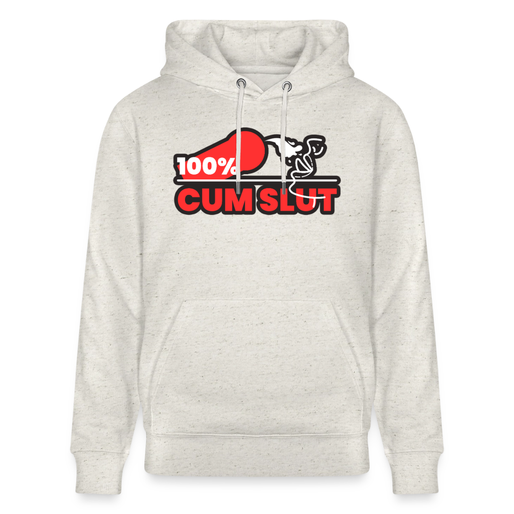 Beige meliertes Bio-Hoodie mit dem provokanten "100% Cum Slut" Kink Fetish Design von PrideLAB – freches Bottom Statement für devote Twinks und Kink Liebhaber