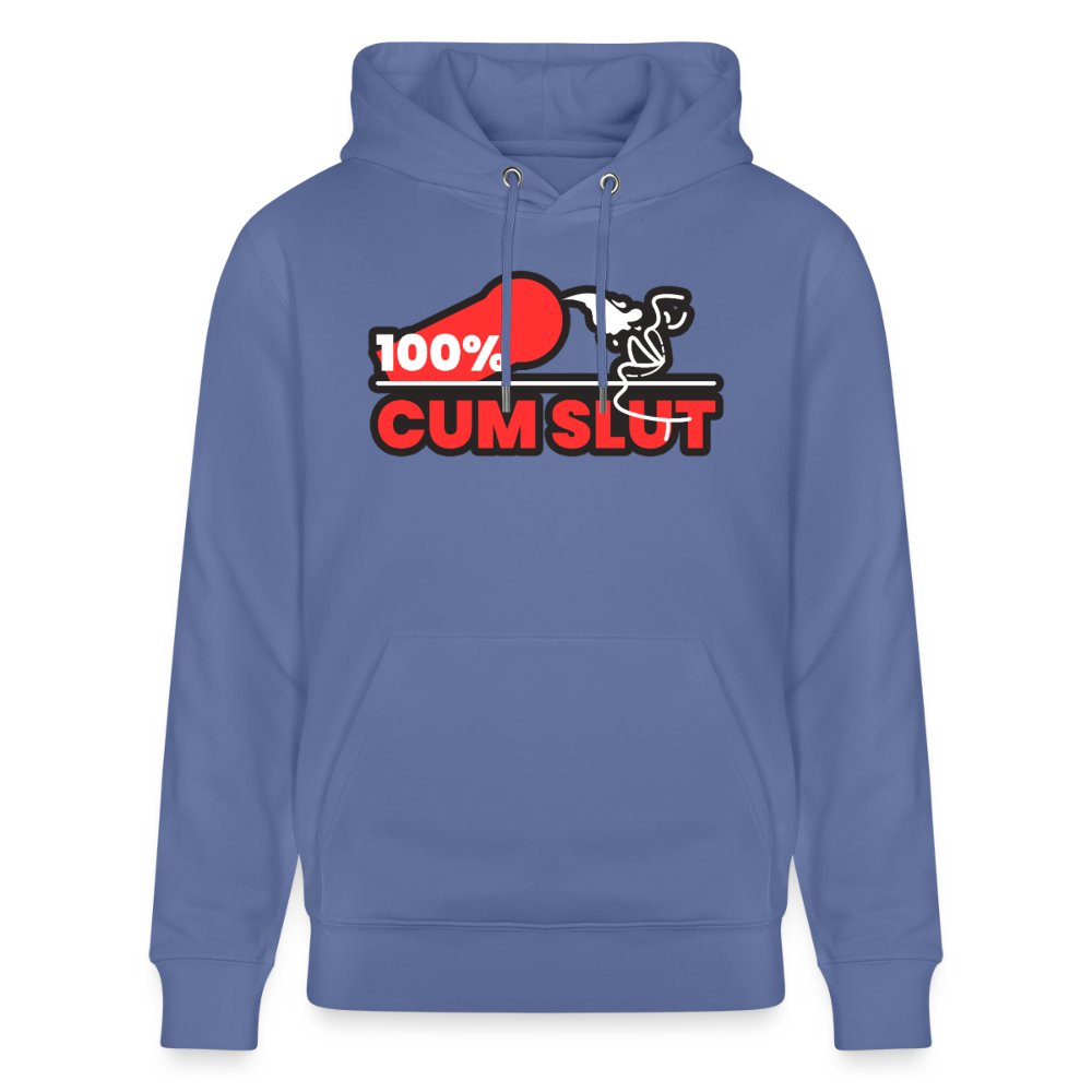 Blaues Bio-Hoodie mit kraftvollem "100% Cum Slut" Motiv – selbstbewusstes Statement für devote Twinks und Kink Fans