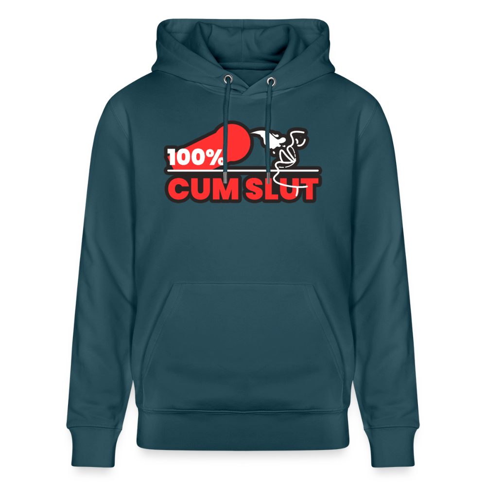 Dunkles Petrol Bio-Hoodie mit provokantem "100% Cum Slut" Fetish Statement