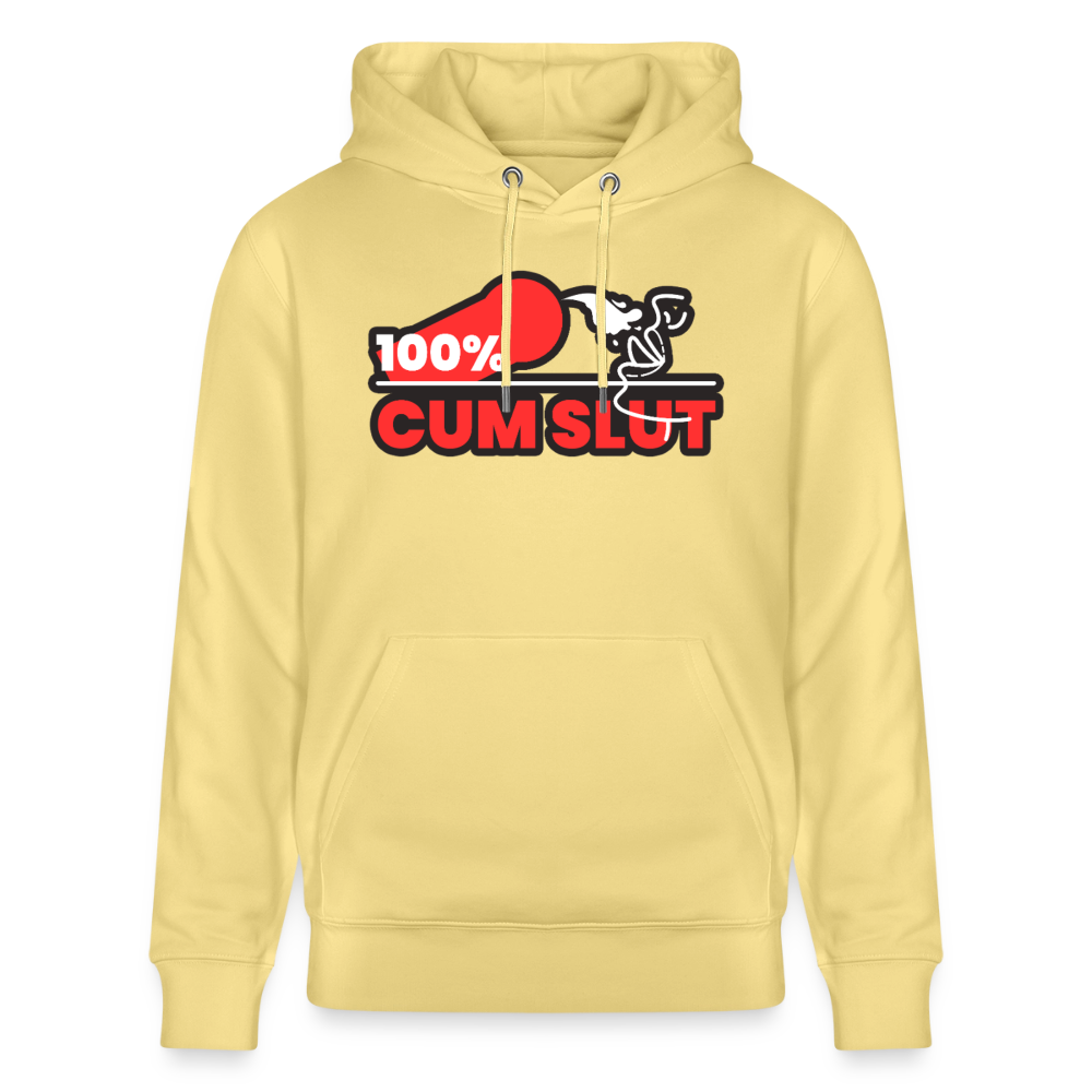 Leuchtgelbes Bio-Hoodie mit dem provokanten "100% Cum Slut" Fetish Design