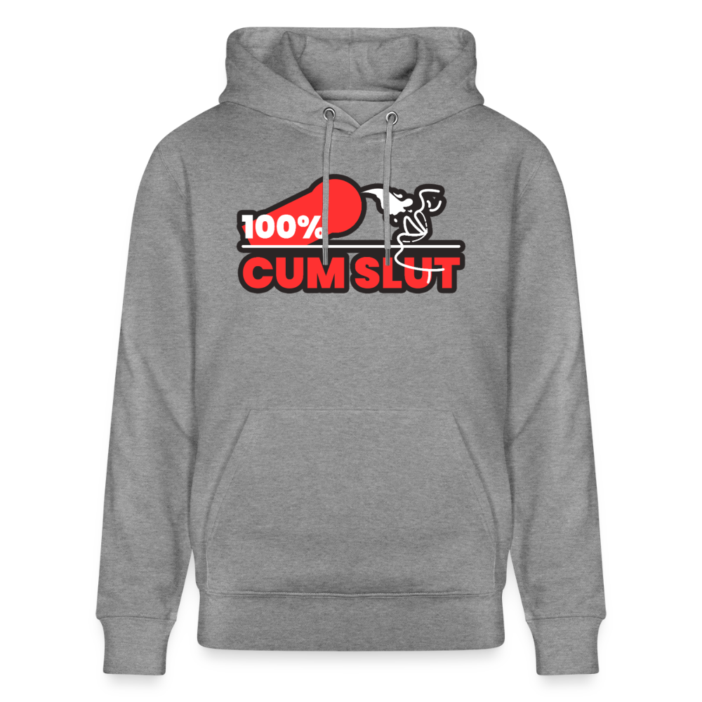 Hellgrau marmoriertes Premium Bio-Hoodie mit direktem "100% Cum Slut" Motiv – selbstbewusstes Bottom Statement für die Fetisch und Pride Szene