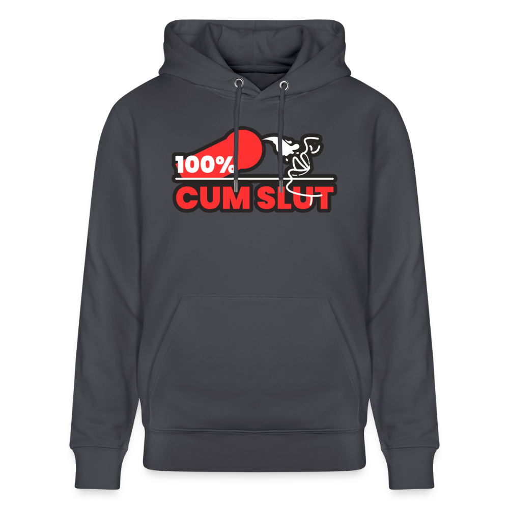Indigoblaues Bio-Hoodie mit dem auffälligen "100% Cum Slut" Kink Fetish Design