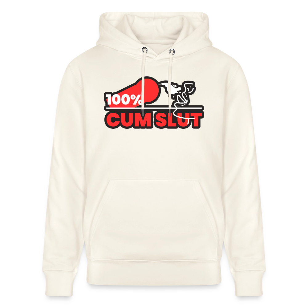 Naturweißes Bio-Hoodie mit dem kräftigen roten "100% Cum Slut" Fetish Motiv