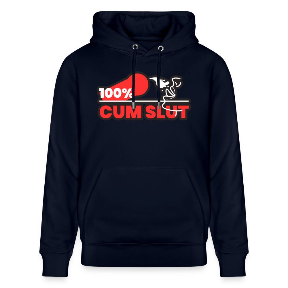 Navyblaues Bio-Hoodie mit dem direkten 100% Cum Slut Kink Fetish Design – provokantes Bottom Statement