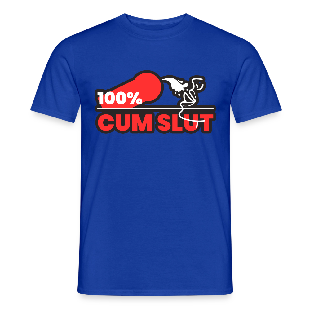 Dunkelblaues T-Shirt mit dem direkten 100% Cum Slut Fetish Statement