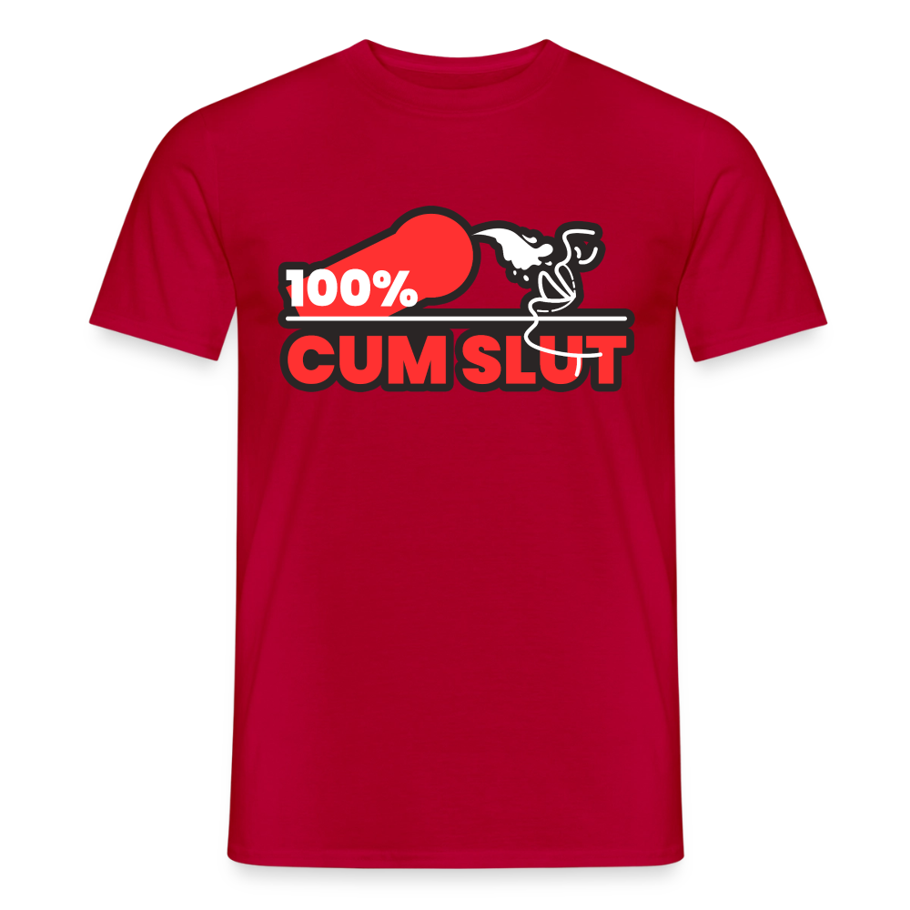 Rotes T-Shirt mit dem ikonischen 100% Cum Slut Statement