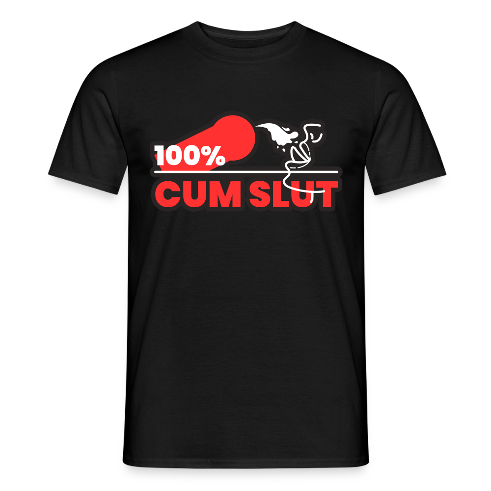 Schwarzes T-Shirt mit kräftigem 100% Cum Slut Kink Statement