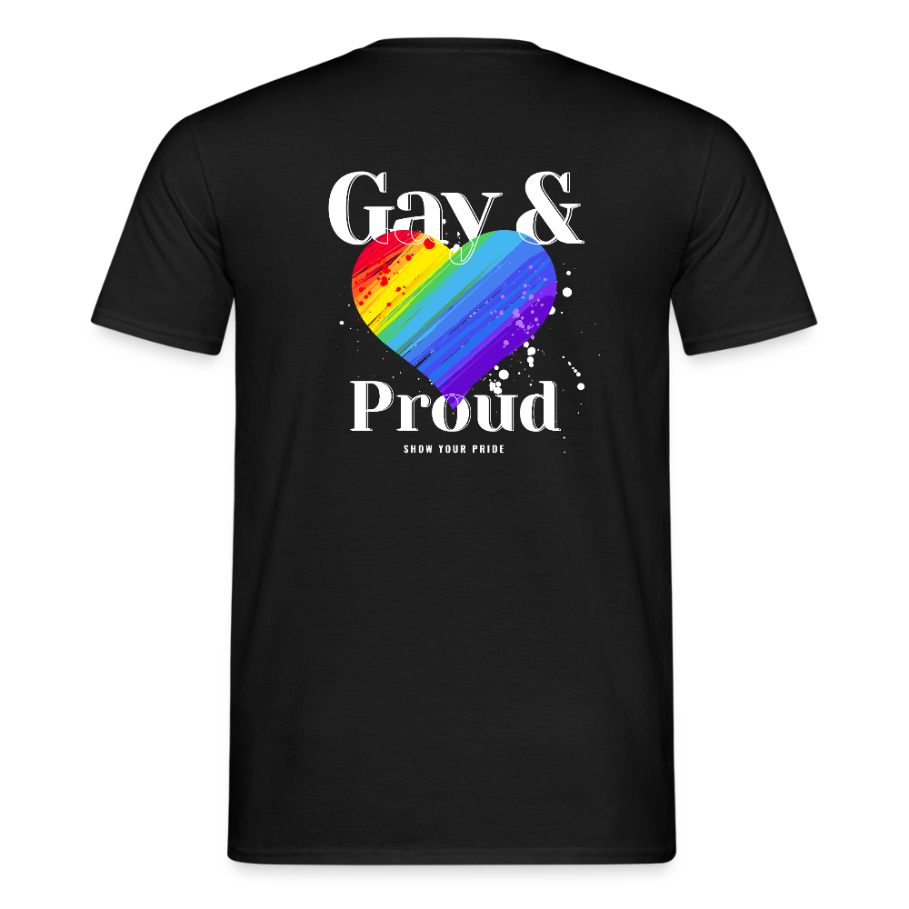 Gay & Proud | Regenbogenherz Pride T-Shirt - Schwarz