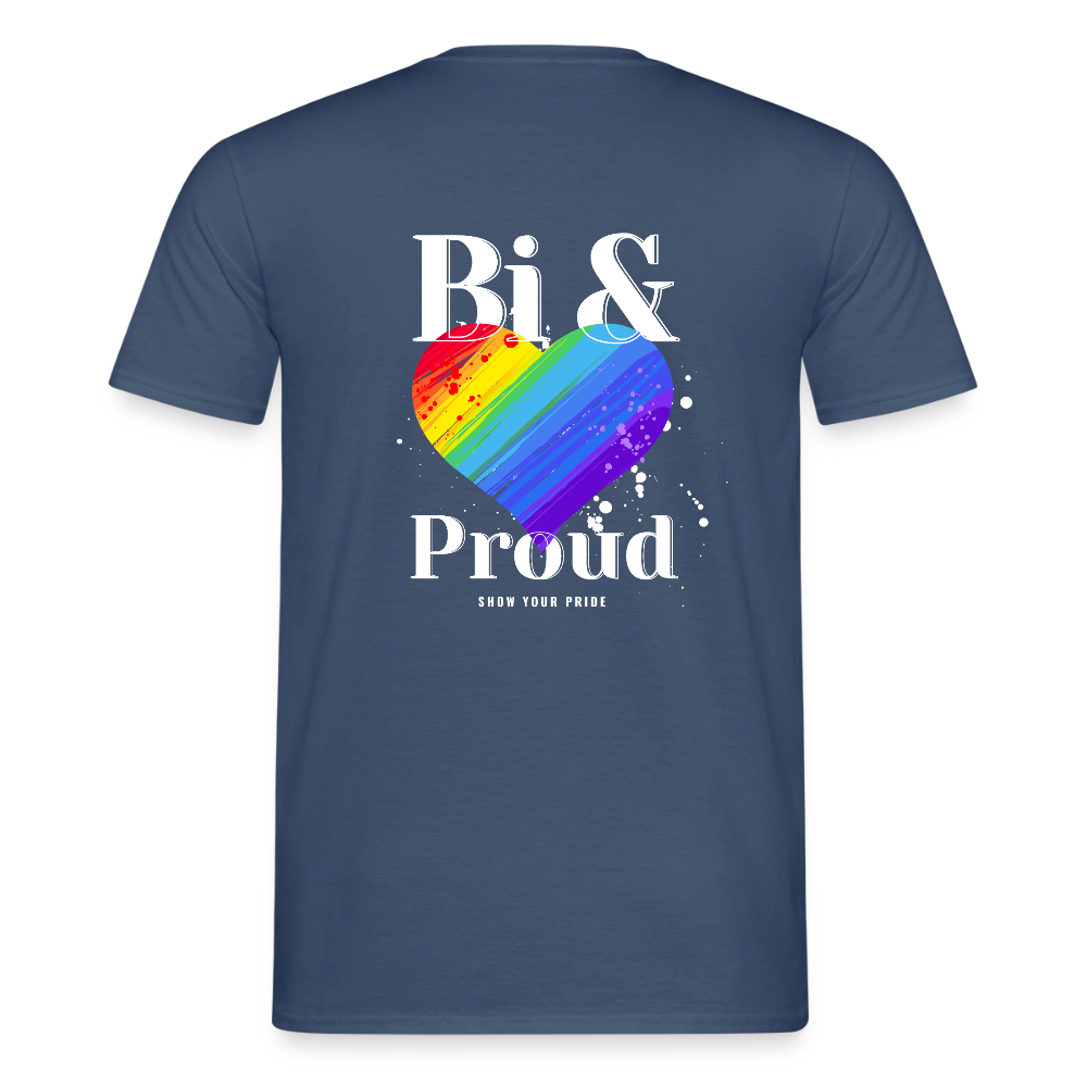 Bi & Proud | Regenbogenherz Pride T-Shirt - Dunkles Denimblau