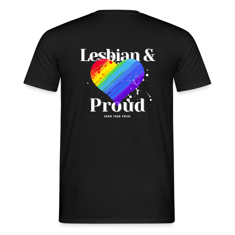 Lesbian & Proud | Regenbogenherz Pride T-Shirt - Schwarz