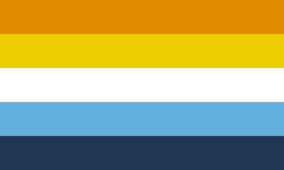 Die offizielle Aroace Pride Flagge für das kombinierte aromantische und asexuelle Spektrum. Das Design zeigt fünf horizontale Streifen in Orange, Gelb, Weiß, Hellblau und Dunkelblau.