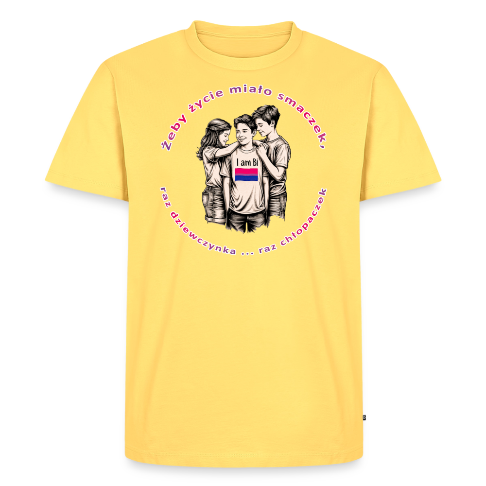 Zartes Pastellgelb trifft auf knalliges Pink: Das T-Shirt zeigt das Bisexual-Pride-Motiv mit der Skizze einer Bi-Person, die stolz ihre Identität und ihre Community präsentiert.
