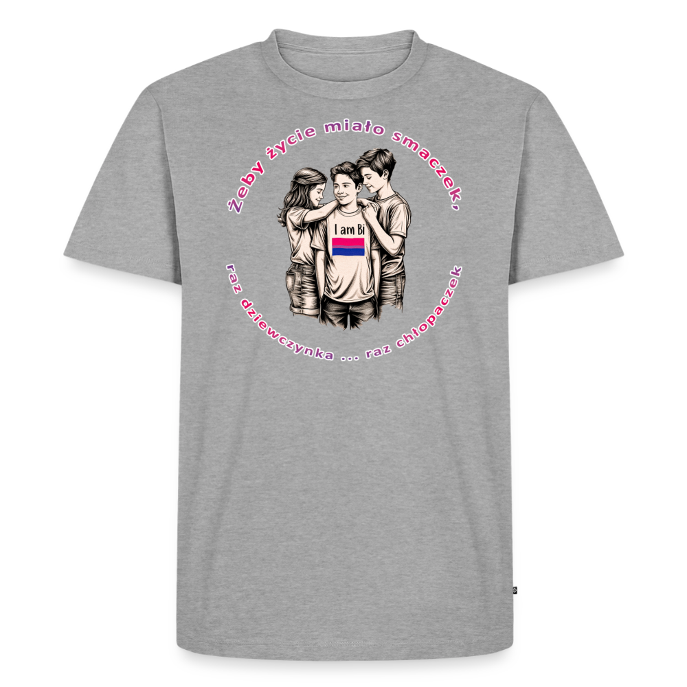 Auf dem grau melierten T-Shirt kommt die schwarz-weiße Skizze der Bi-Community besonders gut zur Geltung. Der pinke Textrahmen verleiht dem aktivistischen Motiv eine moderne und farbenfrohe Note.