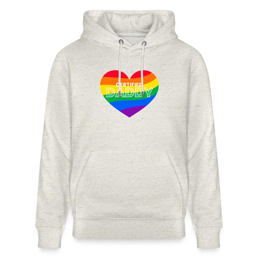 Beige meliertes Premium Bio-Hoodie mit dem ikonischen CERTIFIED DADDY Regenbogen-Herz Design