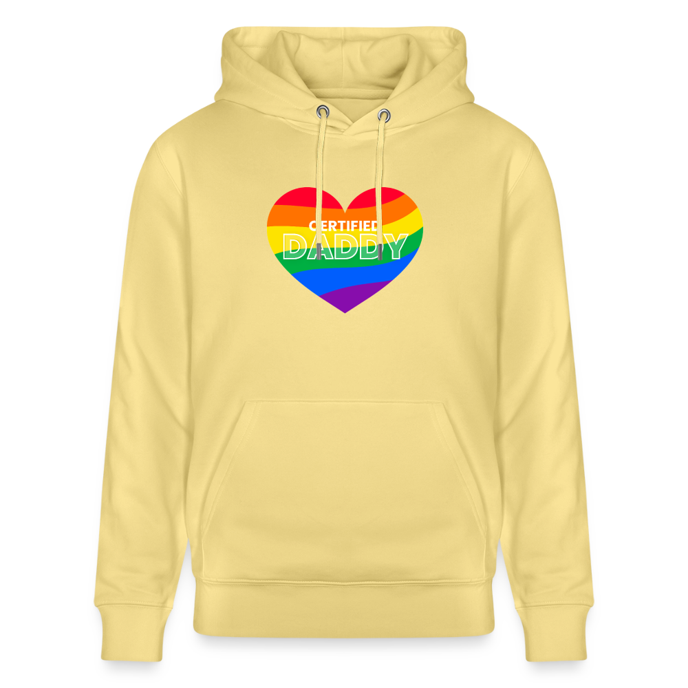Leuchtgelbes Bio-Hoodie mit farbenfrohem "CERTIFIED DADDY" Pride Herz