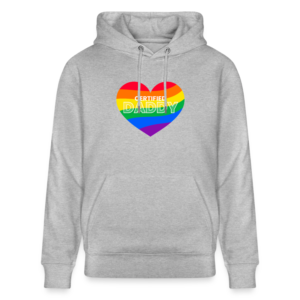 Grau meliertes Bio-Hoodie mit dem markanten CERTIFIED DADDY Regenbogen Design