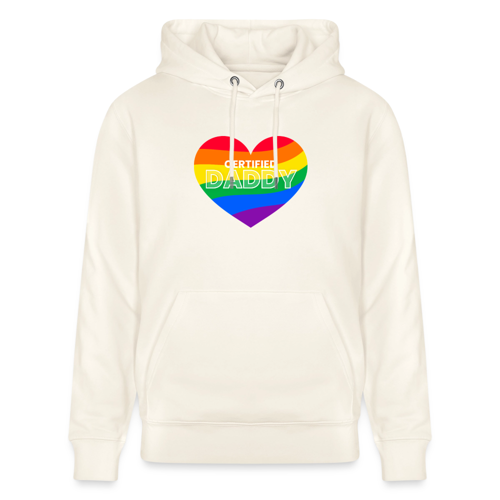 Naturweißes Bio-Hoodie mit leuchtendem Regenbogen CERTIFIED DADDY Herz