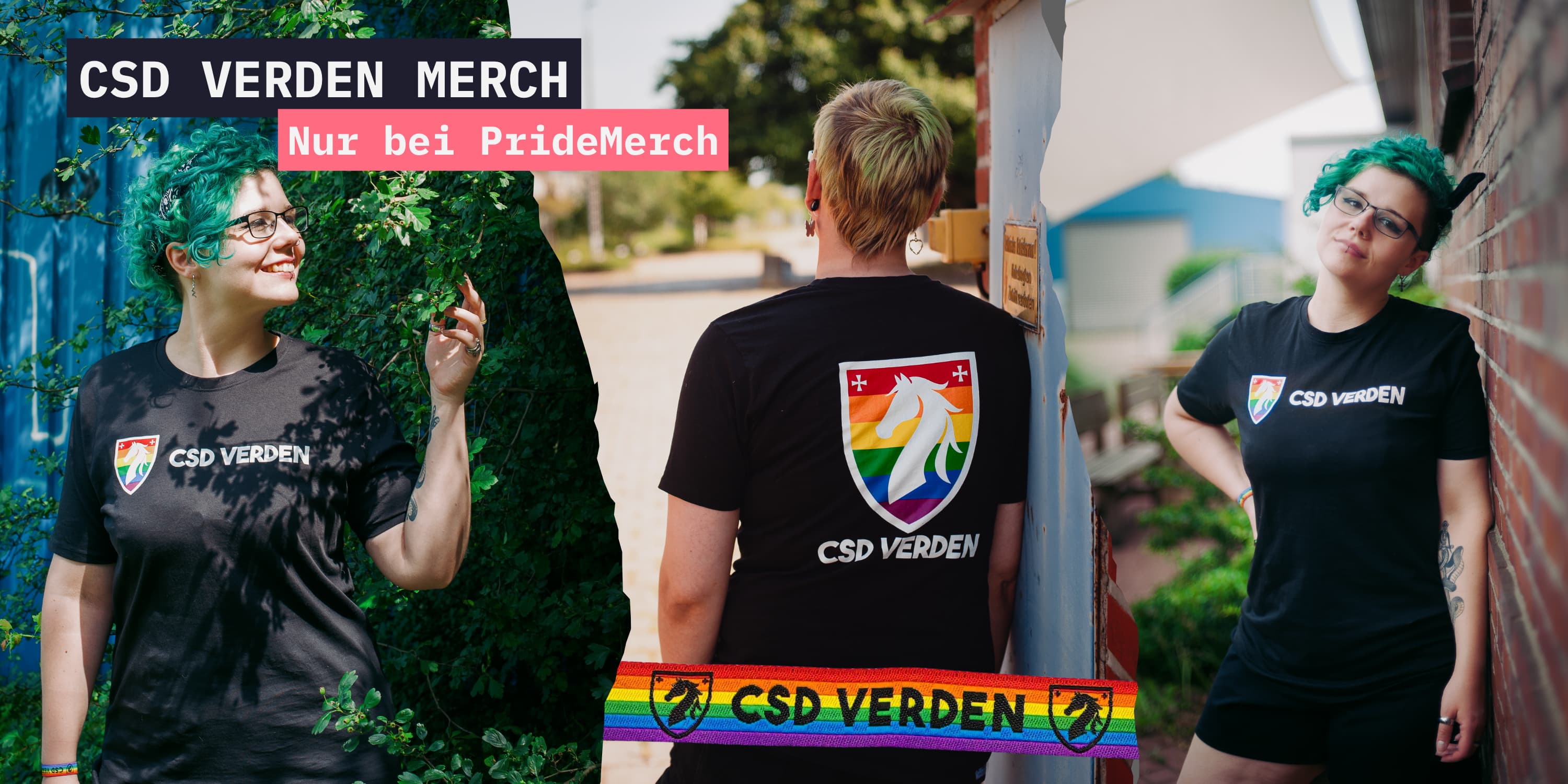 Banner-Bild für das CSD Verden Merchandise. Eine Foto-Collage zeigt Models mit grünen Haaren, die schwarze T-Shirts mit dem Verdener Regenbogen-Wappen tragen – sowohl als kleiner Brustdruck als auch groß auf dem Rücken. Grafische Text-Einblendungen lauten: „CSD VERDEN MERCH“ und „Nur bei PrideMerch“. Im unteren Bildrand liegt ein regenbogenfarbenes Band mit dem Vereinsnamen.