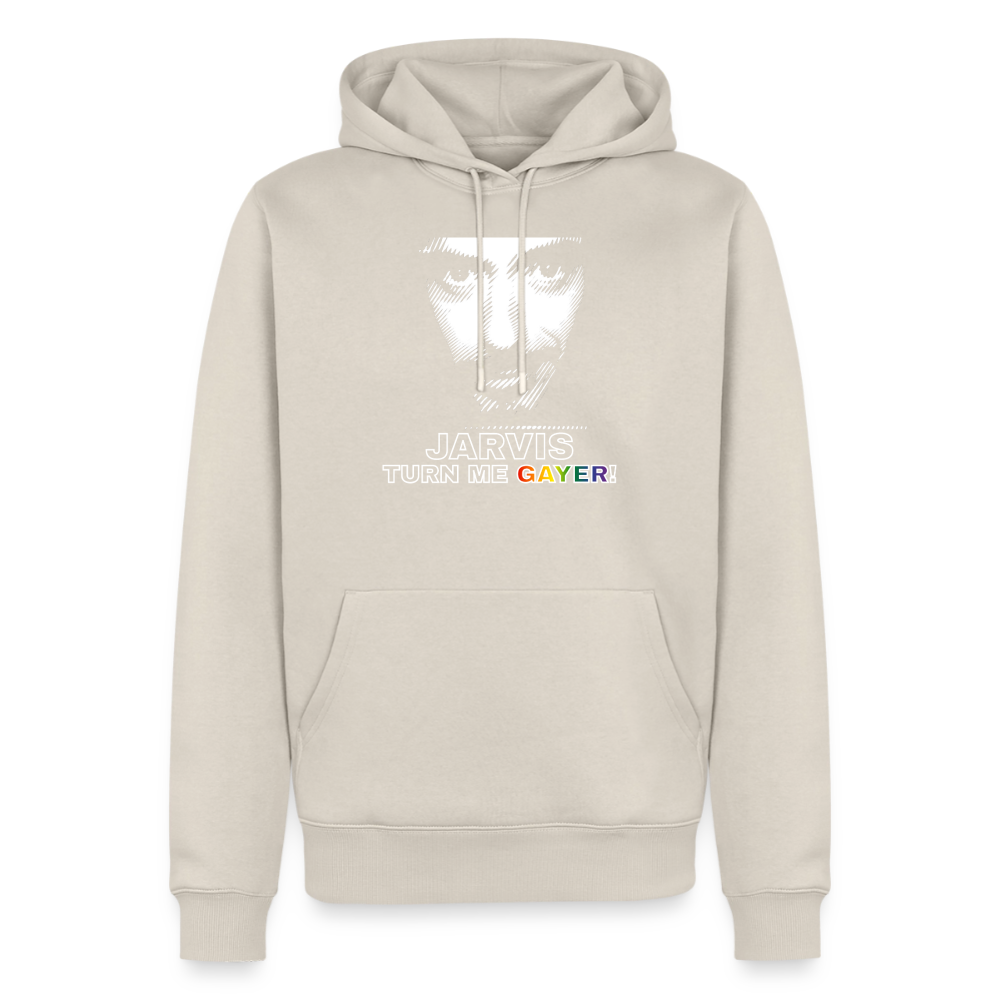 Das hellbeige Kapuzenshirt bringt das weiße Linien-Porträt dezent, aber wirkungsvoll zur Geltung. Die bunten Buchstaben am Ende des Spruchs runden das freigestellte Geek-Design ab.