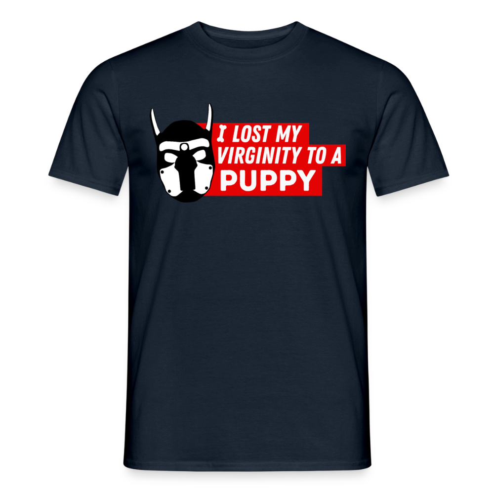 Navyblaues T-Shirt mit humorvollem Puppy Play Design "I Lost My Virginity To A Puppy"
