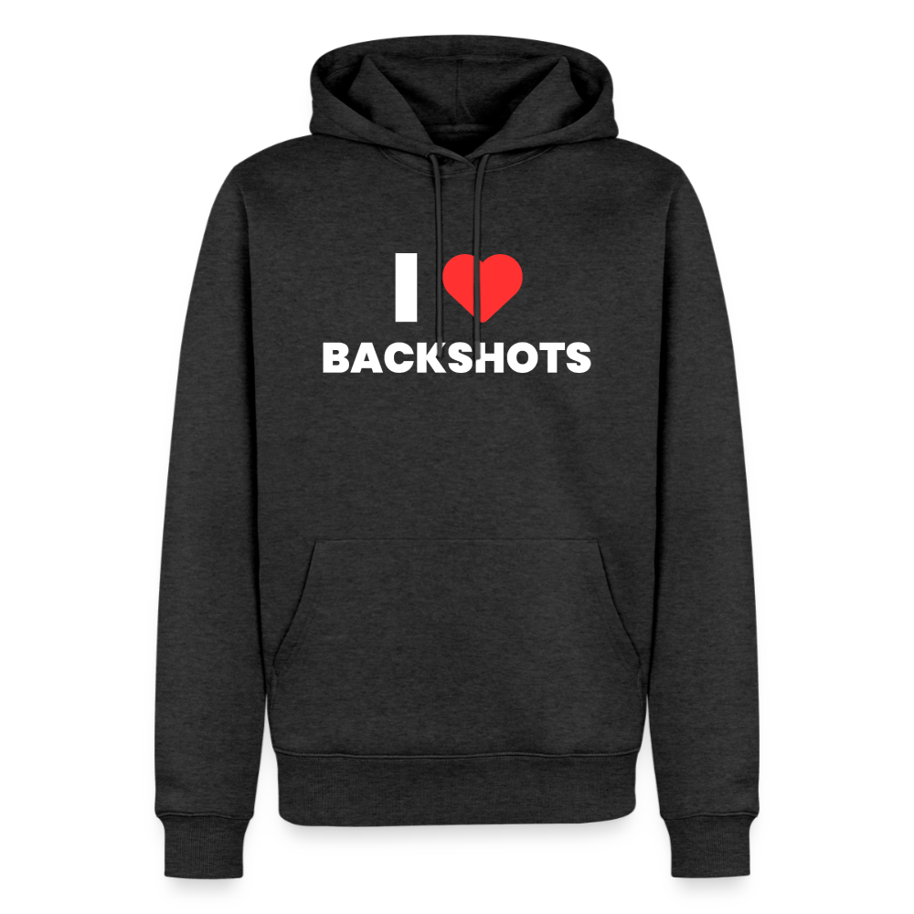 Ein dunkelgrau-melierter Hoodie in sauberer Flatlay-Optik für den Shopify-Store. Die schwarze, serifenlose Schrift im Inneren des roten Grafik-Herzens verpasst dem urbanen Pullover ein derbes queeres Augenzwinkern.