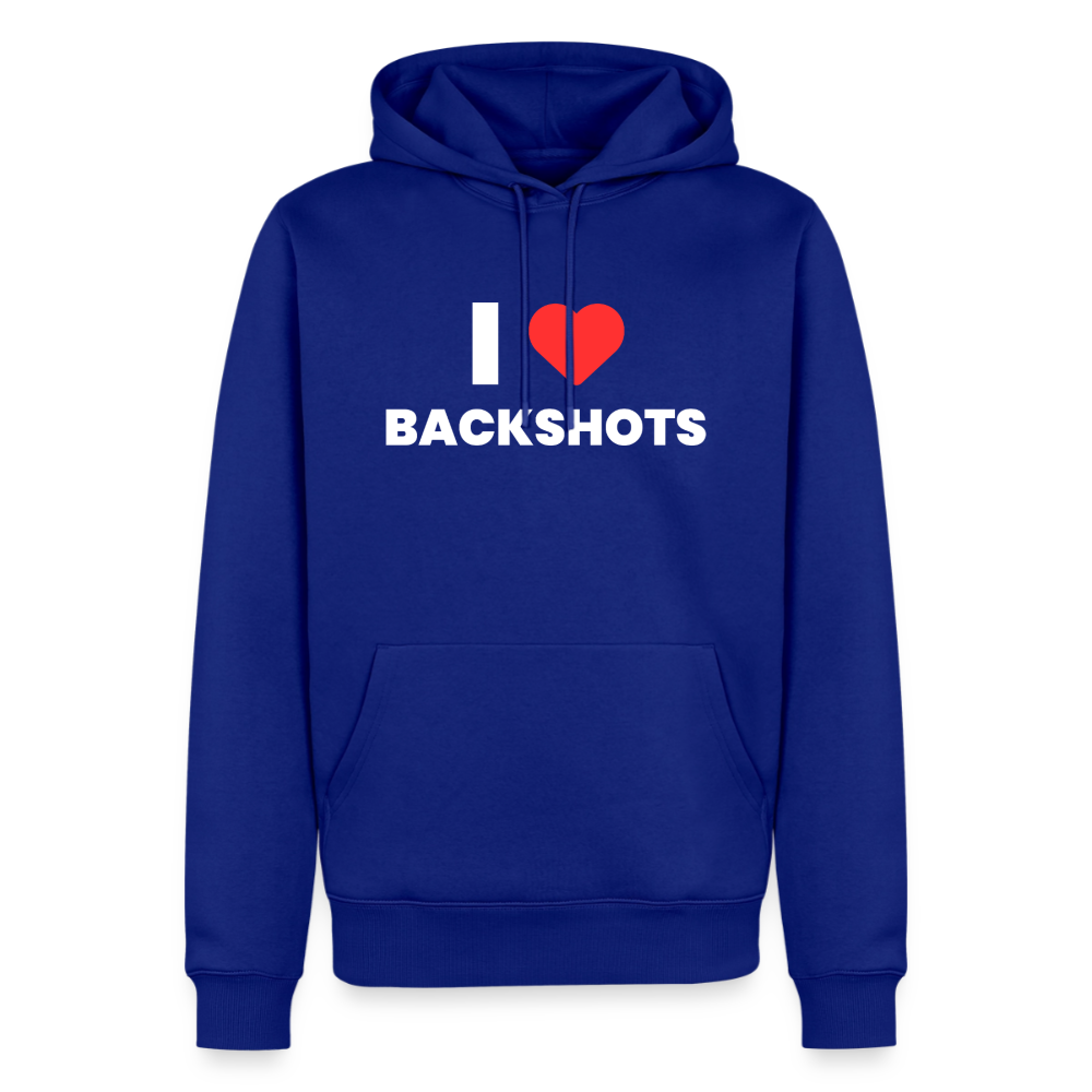 Leuchtend königsblauer Hoodie als freigestelltes Flatlay. Das farbintensive Gewebe bietet die ideale Kulisse für den kontrastreichen Grafikprint aus rotem Herz und schwarzer Typografie für queere Aktivist*innen.