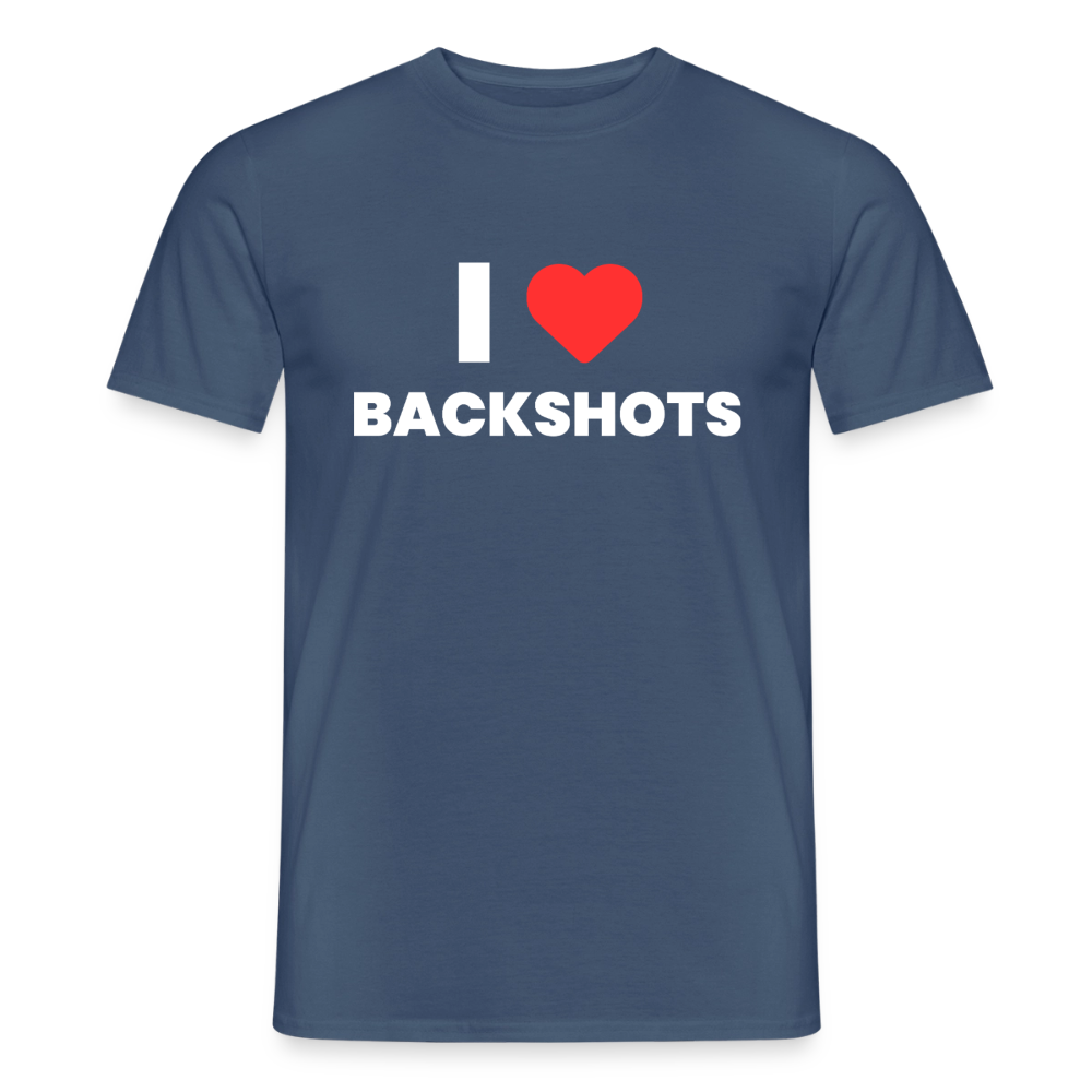 Freigestellte Ansicht eines T-Shirts im verwaschenen, dunklen Denimblau. Aufgedruckt ist das ikonische PrideMerch-Motiv bestehend aus einem großen roten Herz und fetten, schwarzen Großbuchstaben.
