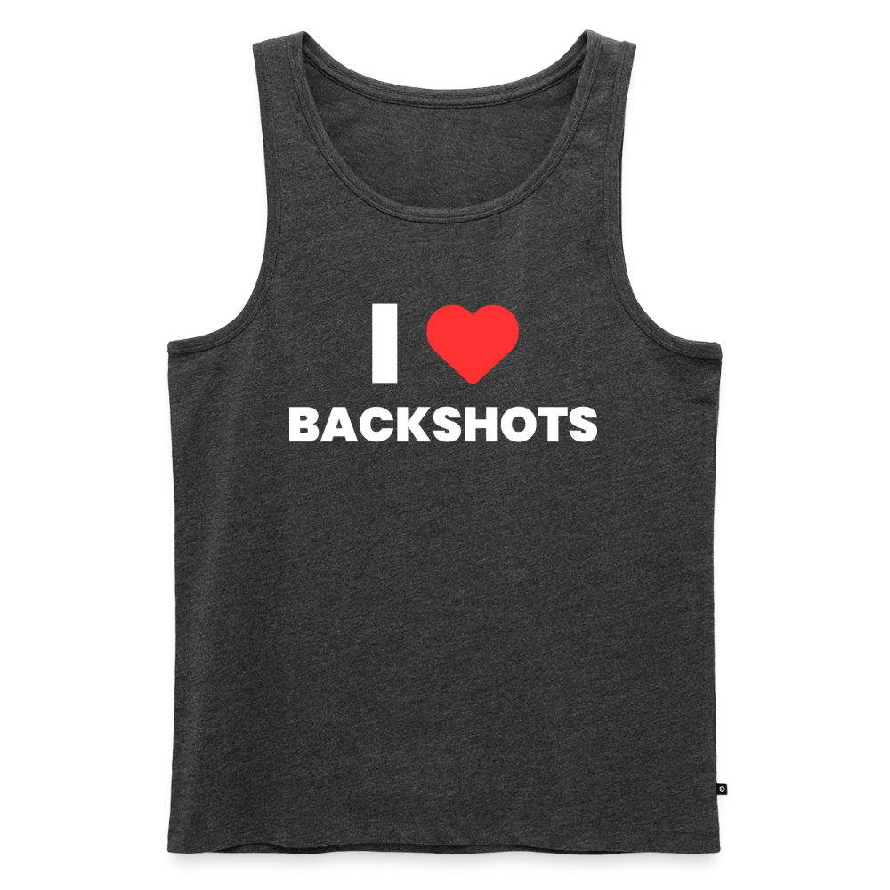 Freigestellte Produktansicht eines sportlichen Muskelshirts in Anthrazit meliert. Die strukturierte Stoffoberfläche bildet den Hintergrund für das auffällige, kinky Herz-Meme von PrideLAB.