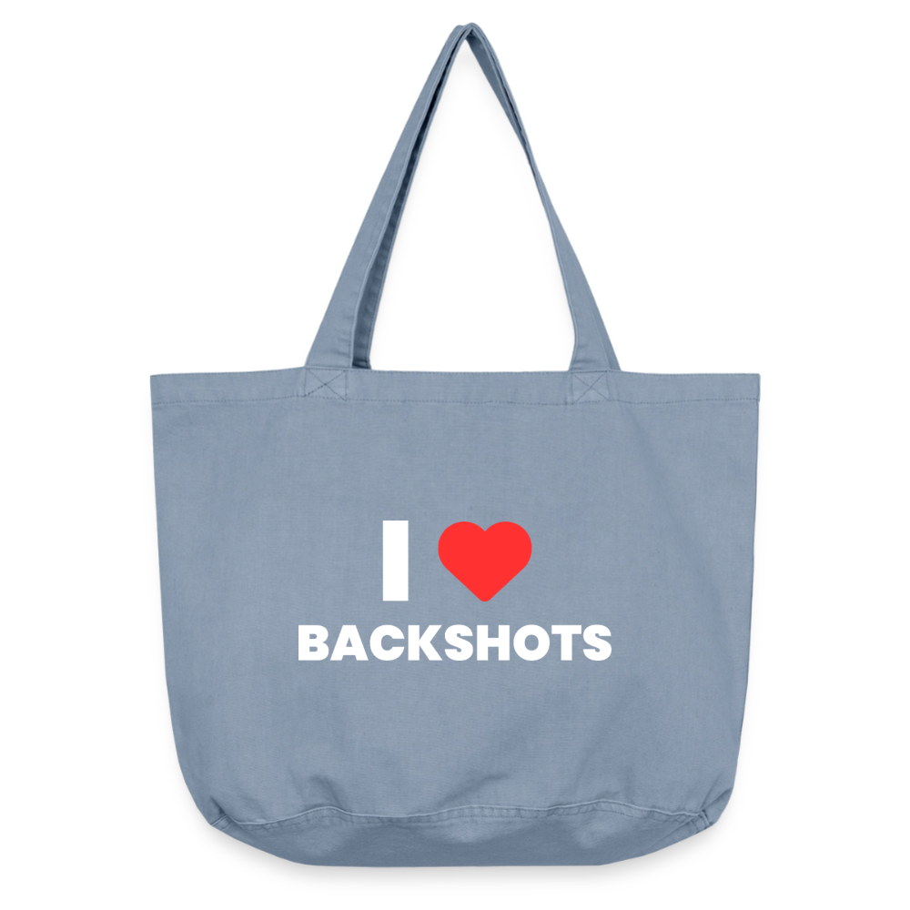 Hellblau gewaschener Vintage-Washed Shopper mit Tragegriffen im flachen Produkt-Freisteller. Die dicke Stoffqualität von 340 g/m² bildet die perfekte Kulisse für das kontrastreiche Fetisch-Meme von PrideMerch.