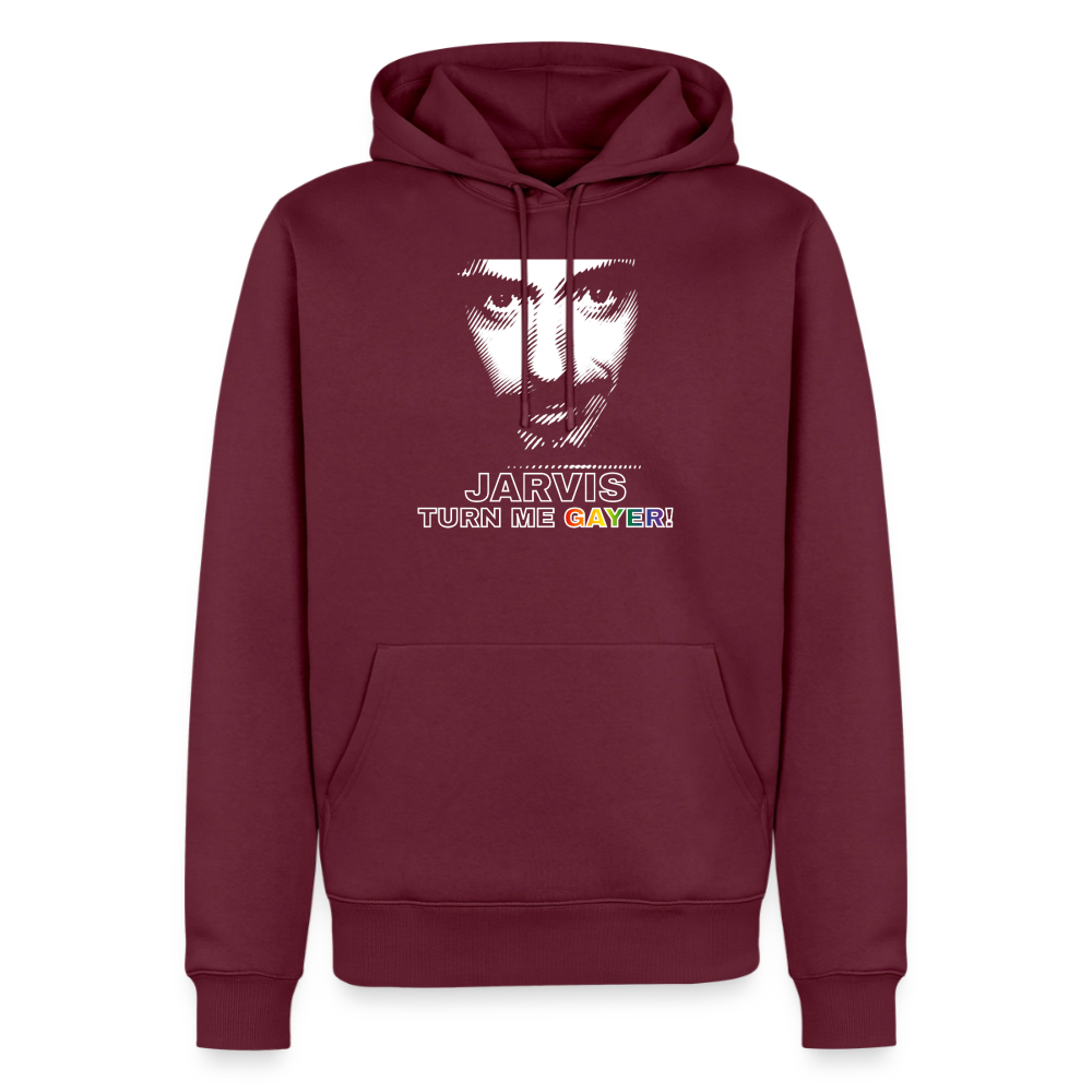 Auf dem tiefen Burgunderrot knallt das weiße Comic-Gesicht zusammen mit der lustigen Forderung „JARVIS TURN ME GAYER!". Freigestellter Hoodie für stolze Gaymer.