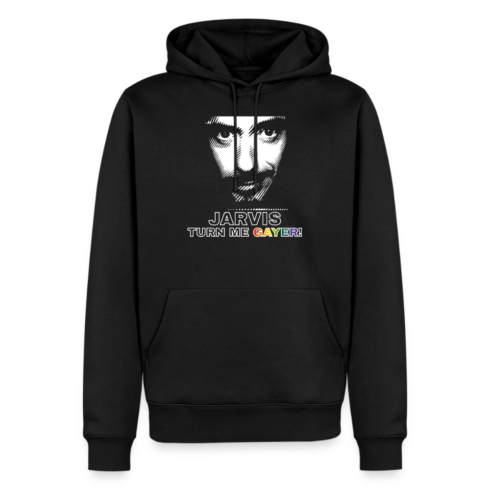 Freigestellter schwarzer Hoodie mit einem hochkontrastigen weißen Linien-Porträt. Der Schriftzug „JARVIS TURN ME" in Outlines und „GAYER!" im Regenbogen-Look ist ein klares Statement für schwule Gaymer.