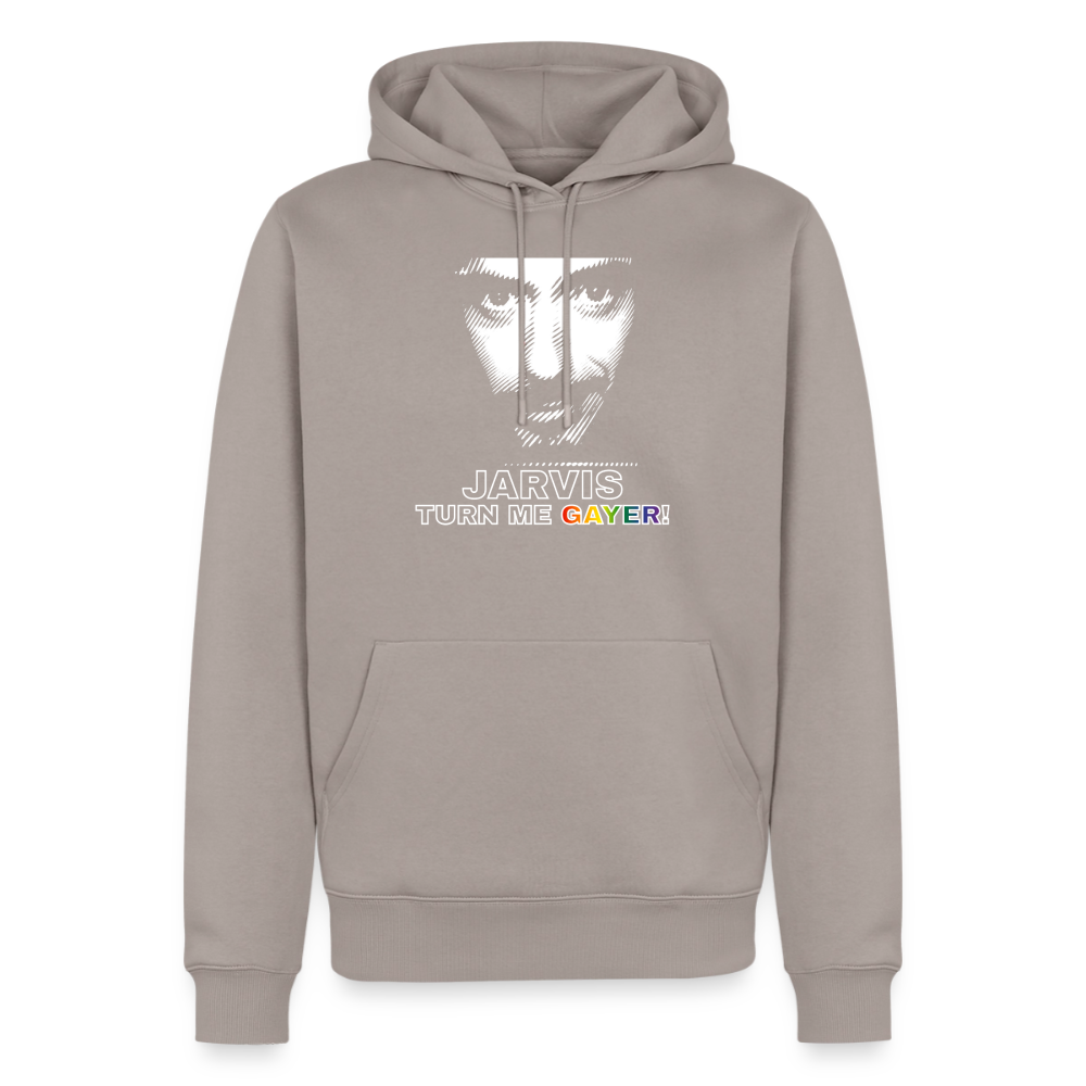 Freigestellter Hoodie in Taupe mit dem markanten weißen Comic-Porträt. Der humorvolle Popkultur-Schriftzug endet in einem bunten „GAYER!" und setzt ein klares Statement für queere Geeks.