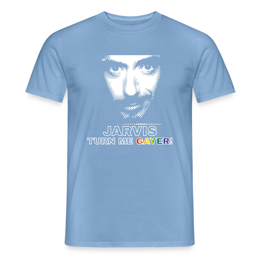Auf dem hellblauen T-Shirt (Carolina Blue) wirkt das weiße Strich-Porträt besonders frisch. Die Regenbogen-Buchstaben runden das freigestellte Design für stolze Gaymer perfekt ab.