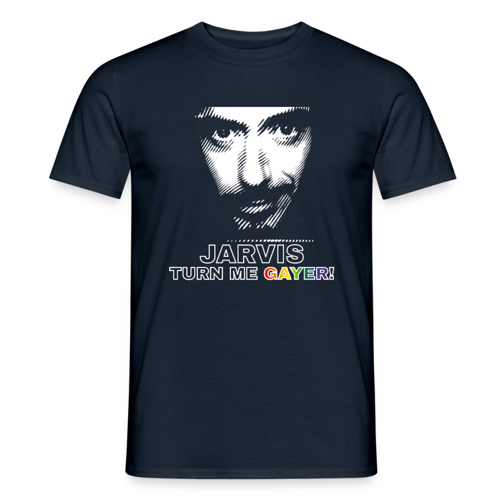 Freigestelltes T-Shirt in dunklem Navy mit dem popkulturellen Jarvis-Wunsch. Das Gesicht aus weißen Linien und der regenbogenfarbene Abschluss feiern queere Geek-Kultur.