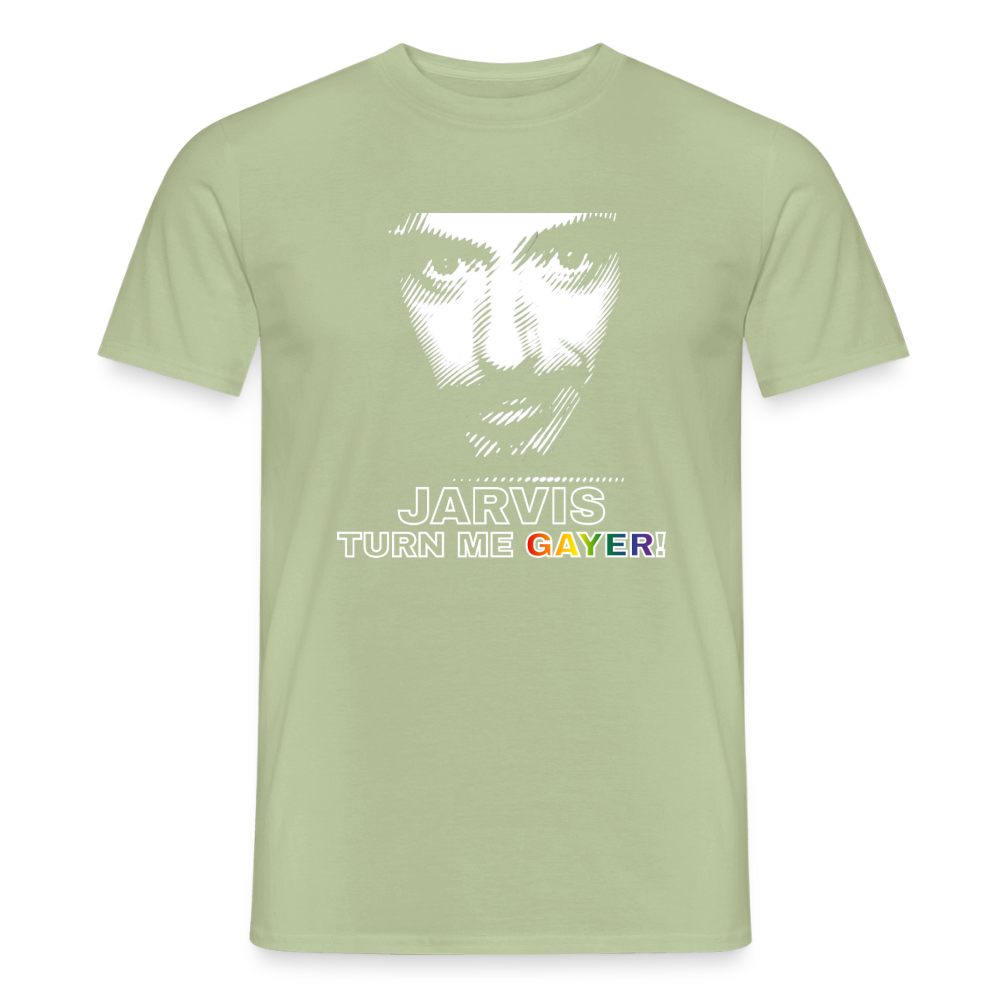 Freigestelltes T-Shirt in hellem Sage-Grün. Das weiße Linien-Porträt und der Schriftzug „JARVIS TURN ME GAYER!" mit knalligen Regenbogen-Details vereinen Nerd-Kultur und LGBTQ-Pride.