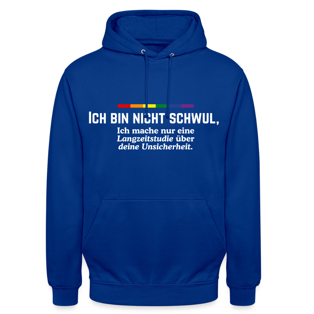 „ICH BIN NICHT SCHWUL“ schreit einem die erste Textzeile auf diesem royalblauen Hoodie entgegen. Die humorvolle Auflösung folgt direkt darunter: „Ich mache nur eine Langzeitstudie über deine Unsicherheit.“ Ein minimalistisches Regenbogen-Element schließt die Grafik nach oben ab.