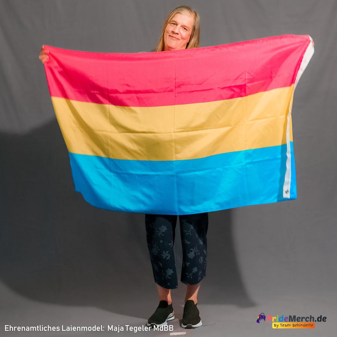 Maja Tegeler steht vor einem grauen Hintergrund und lächelt sanft in die Kamera. Sie hält die Pansexuell Pride Flagge mit beiden Händen an den oberen Ecken weit auf Brusthöhe aufgespannt, sodass die Flagge ihren Oberkörper und ihre Oberschenkel fast vollständig verdeckt. Die horizontalen Streifen in kräftigem Pink, Gelb und Blau sind glatt und vollflächig zu sehen. Am rechten Rand der Flagge ist der weiße Saum mit einer unteren Metallöse gut erkennbar. Unter der Flagge ragen ihre schwarzen Sneaker hervor.