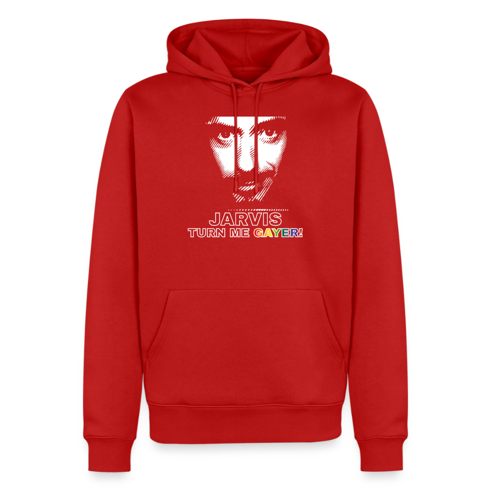 Freigestellter roter Hoodie, der die weiße Nerd-Grafik und die markante Schrift perfekt in Szene setzt. Der regenbogenfarbene Abschluss feiert queere Lebensfreude laut und deutlich.