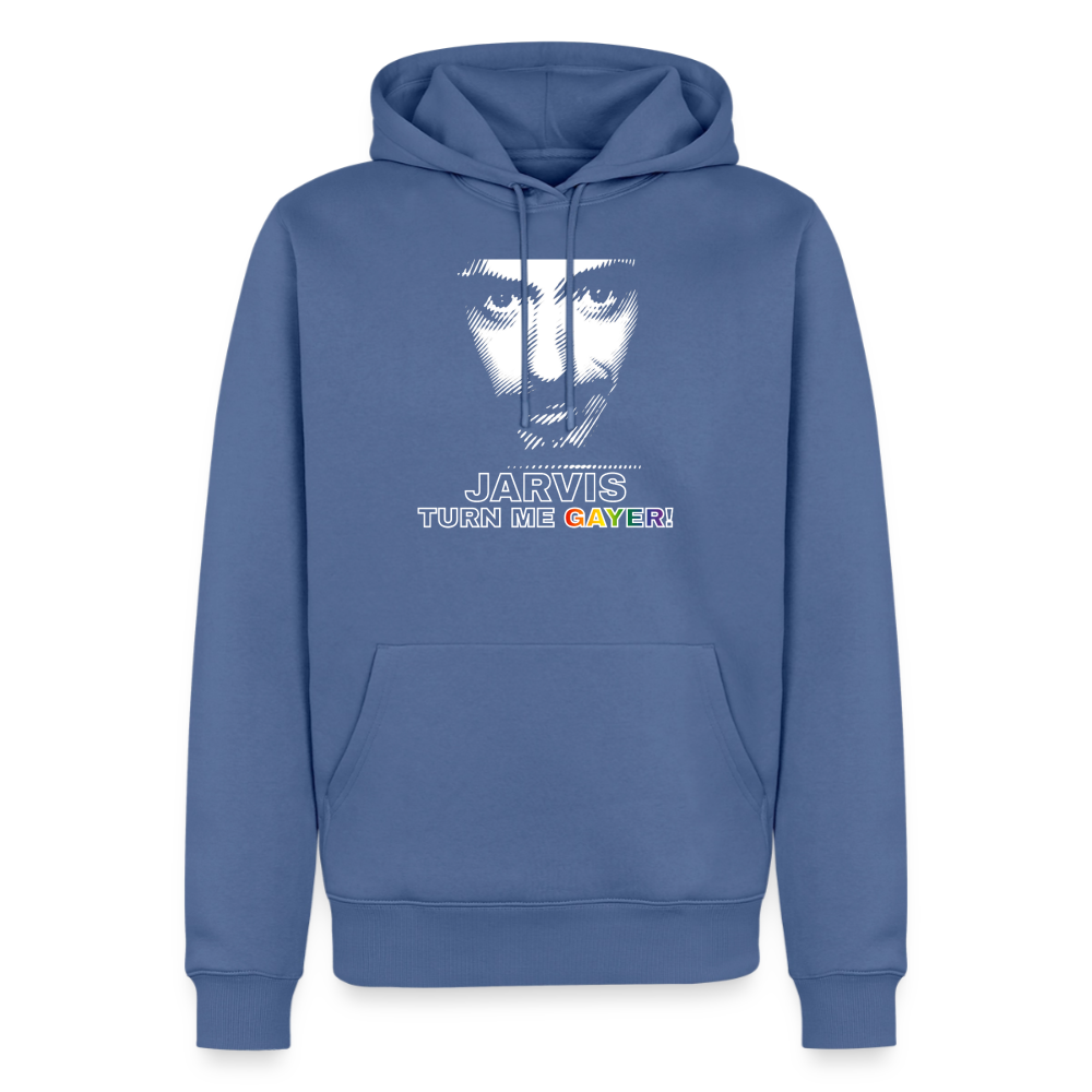 Freigestellter Hoodie in Taubenblau mit der provokanten Aufforderung „JARVIS TURN ME GAYER!". Die klare weiße Outline-Schrift und der bunte Text verbinden Nerd-Life mit Pride.