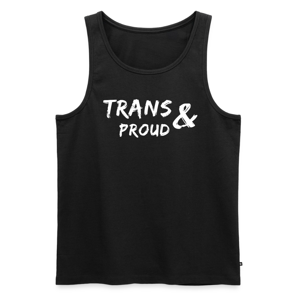 Tiefschwarzes, leichtes Baumwoll-Tank-Top im freigestellten Flatlay-Look. Die weiße Typografie sticht auf der dunklen Brustfläche maximal hervor und rückt die Pride-Streifen der Progress-Flagge ins Rampenlicht.