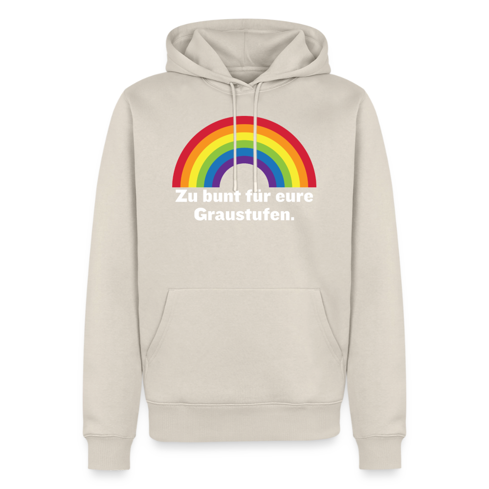 Klassischer Pride Hoodie in Beige mit dem kraftvollen Statement Zu bunt für eure Graustufen