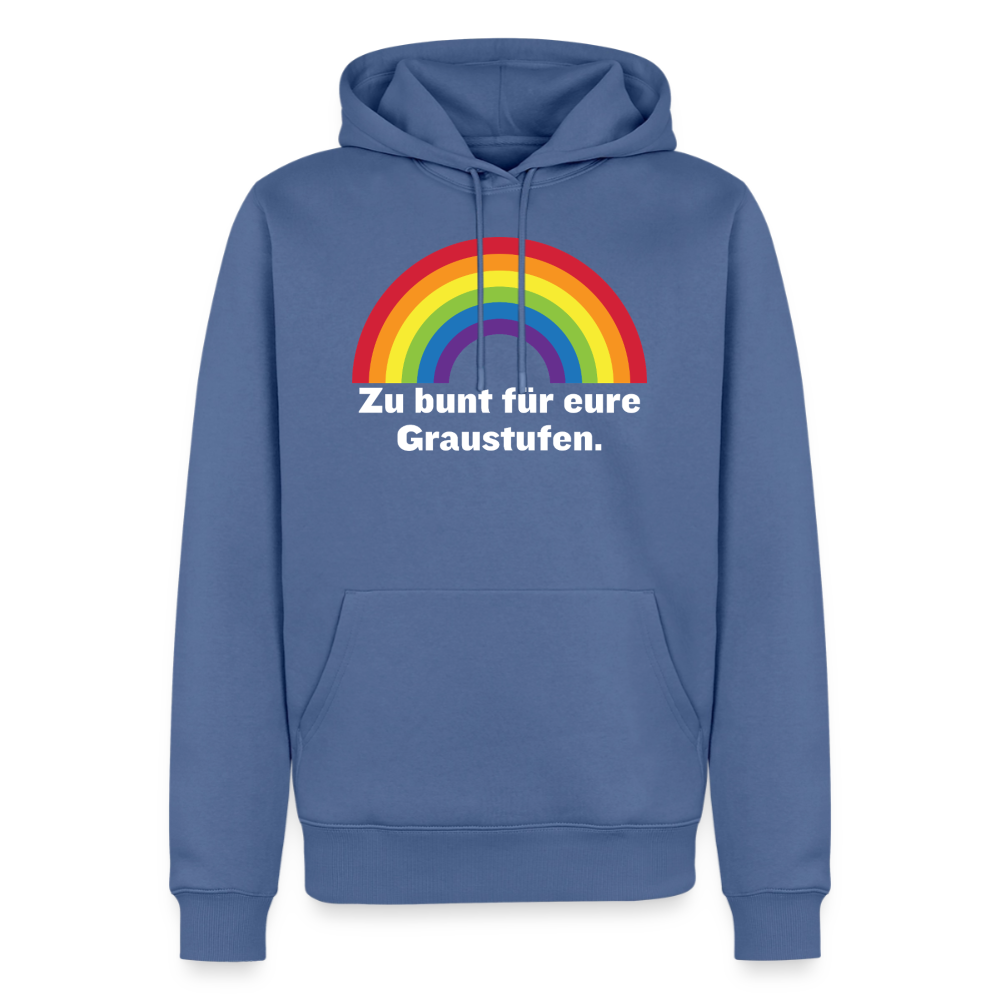Zu bunt für eure Graustufen Hoodie in Taubenblau mit handgefertigtem Regenbogen-Druck