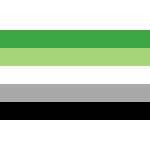 Digitaler Produkt-Freisteller der aromantischen Pride-Flagge im quadratischen Zuschnitt. Die Grafik zeigt die fünf klassischen, horizontalen Streifen der Aromantik-Community in Dunkelgrün, Hellgrün, Weiß, Grau und Schwarz als klares Erkennungsmerkmal im LGBTIQ-Spektrum.