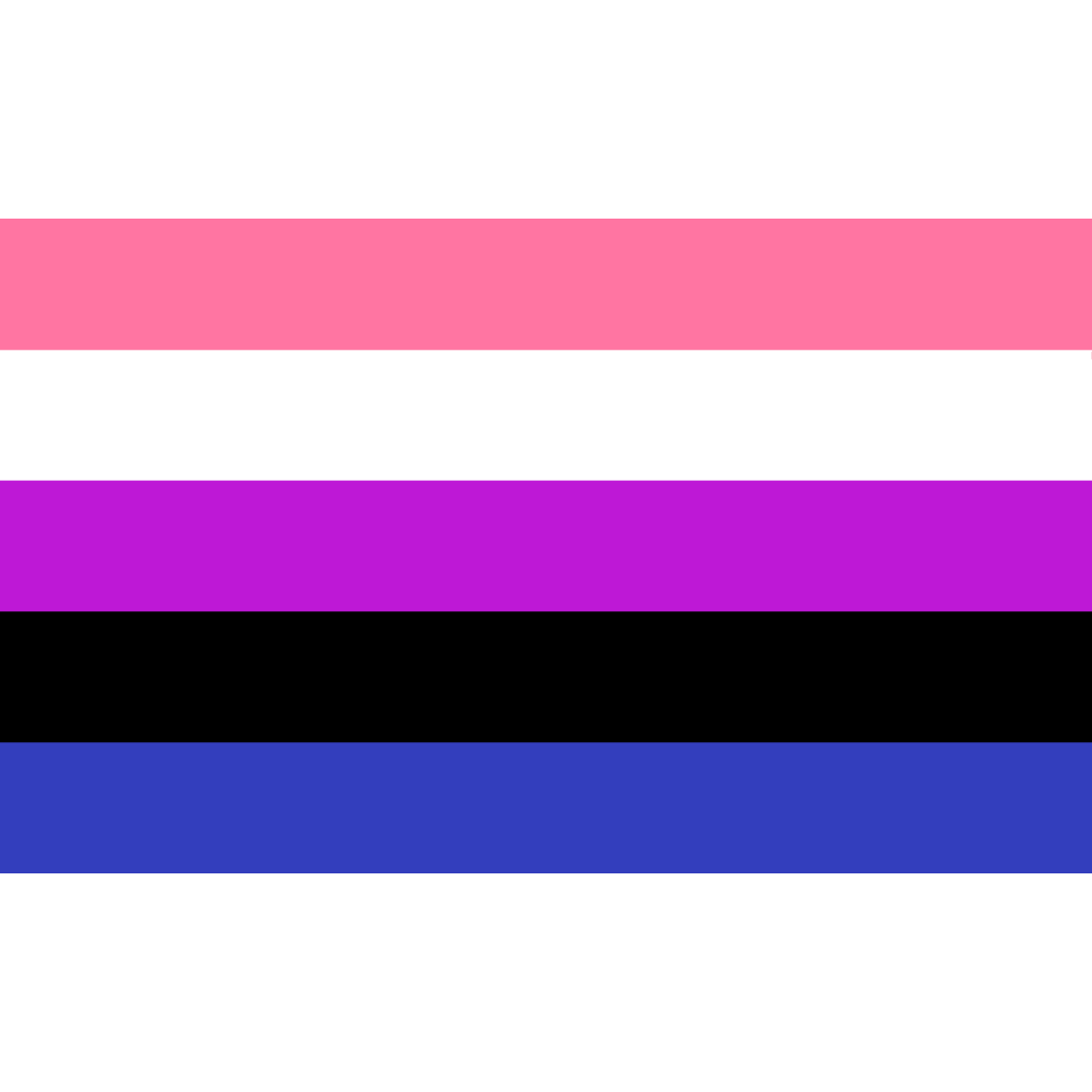 Eine flache, digitale Grafik der Genderfluid Pride Flagge. Das Bild zeigt exakt fünf waagerechte Farbstreifen gleicher Breite. Von oben nach unten verlaufen die Farben in Pink, Weiß, Violett, Schwarz und einem kräftigen Blau.