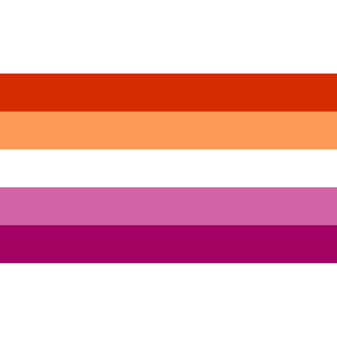 Digitale Grafik der lesbischen Sunset-Flagge mit 5 horizontalen Streifen in Dunkelorange, Hellorange, Weiß, Rosa und Dunkelmagenta.
