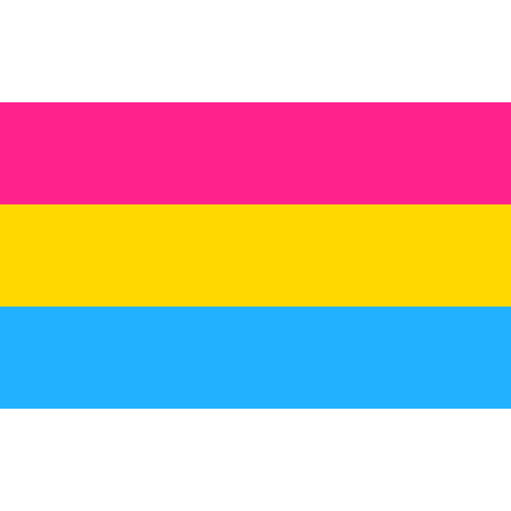 Eine digitale, völlig glatte Vektorgrafik der Pansexuell Pride Flagge. Das Bild zeigt exakt drei waagerechte Farbstreifen gleicher Breite: Oben ein intensives Pink, in der Mitte ein leuchtendes Gelb und unten ein klares Hellblau.