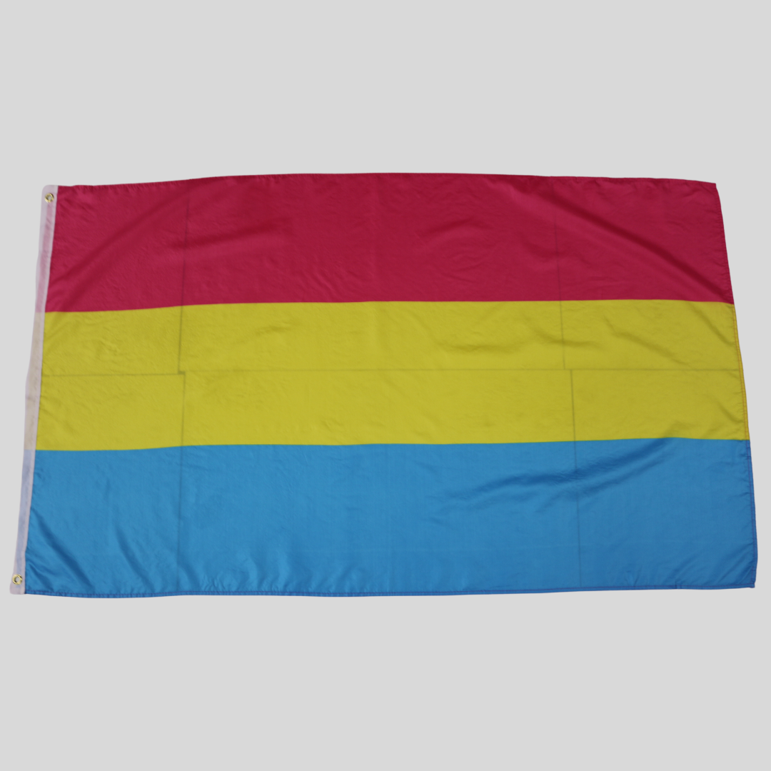 Eine echte Pansexuell Pride Flagge aus leichtem Polyesterstoff liegt flach ausgebreitet vor einem hellgrauen Hintergrund. Der Stoff wirft leichte, natürliche Liegefalten. Von oben nach unten verlaufen drei gleich breite, waagerechte Streifen in leuchtendem Pink, strahlendem Gelb und kräftigem Hellblau. Am linken weißen Rand sind zwei goldene Metallösen eingenäht.