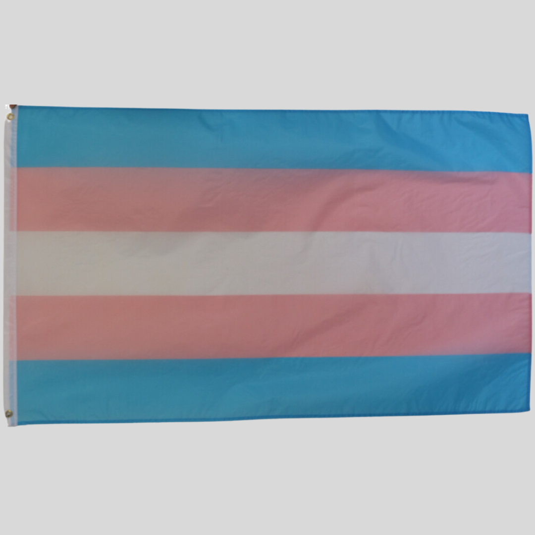 Trans Pride Flagge 150x90 cm freigestellt auf weißem Hintergrund, hochauflösend und farbgetreu.